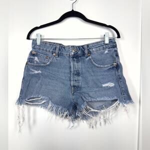 Zara Distressed Blue High Rise Button Up Jean Denim Shorts Size 6